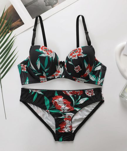 Fashion Cheek Floral Print Padded Bra and Panty Set